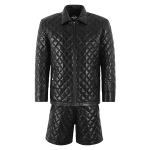 Ensemble veste et short matelassés en cuir Napa de mouton 100 % véritable pour homme, noir, style motard streetwear, ensemble coordonné en cuir, fabricant - Product Image 1