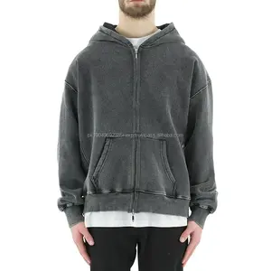 Sudadera con Capucha Corta de Felpa Francesa con Cierre, Lavado Ácido, Gruesa, Unisex - Product Image 3