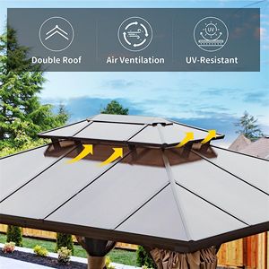 10 'x 12' Brun Aluminium Jardin Patio Terrasse Arrière-Cour Hardtop Gazebo Polycarbonate Double Toit Permanent Extérieur Auvent Pergola - Product Image 4