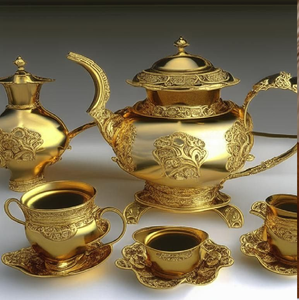 Juego de tetera y taza de lujo chapado en oro con un intrincado diseño floral, disponible a precios de mayorista. - Product Image 1