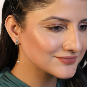 Sunray <b>Disc</b> Diamond Long Chain Drop Earrings with White <b>Stone</b> Ball Accent - Product Image 4