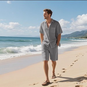 American-style Summer Suit Men's Short-sleeved Short Pants Linen Beach Casual Short-sleeved Shirt <b>Set</b> - Product Image 4
