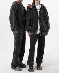 Bobeutou – Sweat à capuche zippé pour homme, délavé à l'acide, style vintage, coupe oversize, décontracté, en coton, avec poches, streetwear - Product Image 5