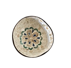 Earthy leaf <b>mosaic</b> patterns on this Mother of pearl coconut bowl a warm and artistic accent for your home interior design set - Product Image 2