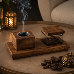 Premium Wooden Bakhoor Burner Set with Tray Glass Storage <b>Box</b> Arabic Mabkhara Middle Eastern <b>Eid</b> <b>Gift</b> Religious Hospitality Use - Product Image 1