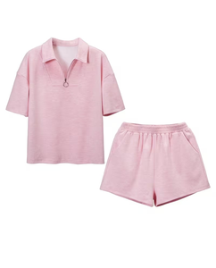 Summer Polo Collar Knee Button Pajama Set Breathable Loose-Fitting Casual Sporty Short Sleeve Shorts Two-Piece Women Solid Color - Product Image 2