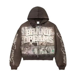 Sweat à capuche oversize zippé en coton French Terry, style streetwear, avec logo brodé et imprimé, effet vieilli, délavé à l'acide et décoloré par le soleil, personnalisé vintage. - Product Image 1