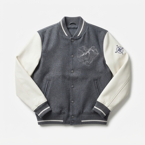 Chaqueta Varsity de Materiales Mixtos, Diseño Bomber de Alta Calidad con Lana Original y Tela de PU, Cuello Acanalado, Cierre Frontal con Broches, Estilo Casual Unisex - Product Image 1