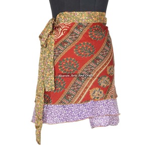 Mini Skirts Wear Vintage Silk Magic 21" Length <b>Wrap</b> Mini Skirt Short Sari <b>Wrap</b> Skirt Trendy Boho Gypsy <b>Beach</b> Cover Sari Skirt - Product Image 1