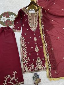 Embroidered Silk Salwar Kameez Set 3 Piece <b>Kurta</b> Palazzo Dupatta <b>Women</b> Wedding Party Outfit - Product Image 4