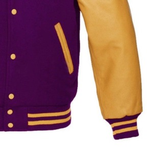 Veste varsity coupe-vent pour homme, couleur violette, avec manches en PU jaunes, fermeture à boutons, style décontracté, coupe classique, col montant, pour l'automne - Product Image 5
