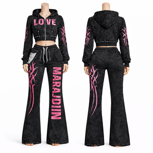 ชุดเซ็ตเสื้อฮู้ดและกางเกงวอร์มสองชิ้นสำหรับฤดูหนาว สไตล์ Y2K ผ้าฟลีซ ปักลาย พิมพ์ลาย ประดับเพชร รับผลิตแบบ OEM ODM - Product Image 4