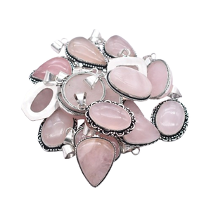 Lot de 5 Colliers Pendentifs Ovales en Quartz Rose Naturel et Obsidienne, Sertissage Bezel Plaqué Argent Antique, Bijoux Vintage Unisexe Chrétien - Product Image 2