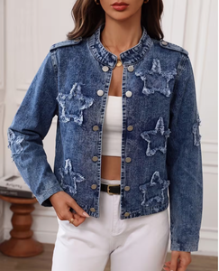 Hardihood International Veste en jean pour femme, imprimé floral, appliqués, délavage vieilli, style formel, respirante, coupe classique, automne - Product Image 4