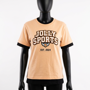 Camiseta de algodón de doble capa para mujer, transpirable, suave, en tono beige, con capa interior en contraste, estampado con relieve, logotipo personalizado, camisetas de doble capa - Product Image 4