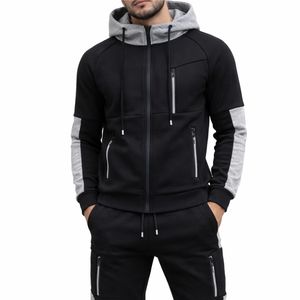 Ensemble de survêtement décontracté pour homme en molleton uni, sweat à capuche zippé et pantalon de jogging à taille élastique, qualité supérieure, polyester/coton, vêtements de sport - Product Image 2