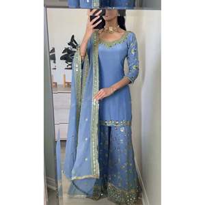 Conjunto de Fiesta con Bordado Intenso: Top, Pantalón Palazzo y Dupatta de Chifón Talla XL con Hermosas Costuras - Product Image 2