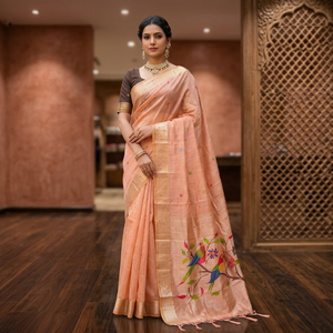 Sari en coton Muga avec tissage de motifs floraux et de paons, tenue traditionnelle indienne pour mariage, pour femmes - Product Image 4