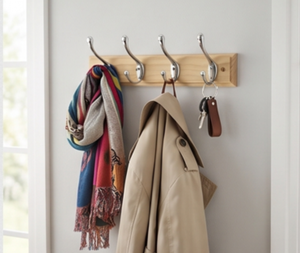 Premium Mirror Polished Silver Dual <b>Hooks</b> With Light Brown Wooden Base Perfect For Elegant And Stylish Home Decor Organization - Product Image 5