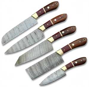 Juego de 5 utensilios de cocina de acero de Damasco hechos a mano con mango de palisandro natural y bolster de latón - Product Image 3