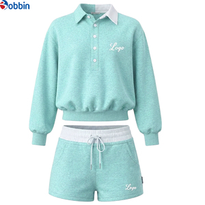 Autumn Wear Women's Custom logo 2pcs Sets Color-blocked Turn-<b>down</b> Neck Sweatshirts and Shorts Sets Casual Long-sleeve Set - Product Image 6