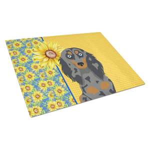 Tabla de cortar de vidrio templado decorativo Dachshund de girasoles de verano, tabla de servicio de cocina de gran tamaño para servir picar azul - Product Image 1