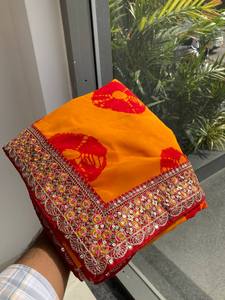 Yellow <b>Red</b> Embroidered Chiffon <b>Saree</b> with Traditional Design for Women Regular Fit for Weddings/Parties - Product Image 4