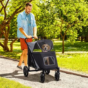 Passeggino Universale per Animali Domestici con Chiusura a Un Clic, Ruote Anteriori, Ammortizzatori, Freni, Borse Portaoggetti e Finestra a Rete - Product Image 2
