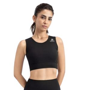 <b>Black</b> Women's Hybrid Sports Bra Cropped Sleeveless Fitness <b>Top</b> Scoop Neck Fitted Activewear For Gym Yoga Training And Athletic - Product Image 4