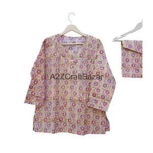 Conjunto de Pijama Elegante Hecho a Mano en India para Mujer, 100% Algodón, Estampado Floral, Vestido de Noche/Saía de Satén - Product Image 2