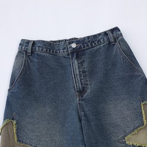 Short en jean droit taille mi-haute déchiré avec poches étoiles et patchwork, style décontracté d'été, 100% coton - Product Image 6
