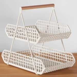 2 Tier White Metal Fruit <b>Basket</b> Stand with Wooden Handle <b>Rectangular</b> Wire Mesh Bread Vegetable <b>Storage</b> Rack for Kitchen Counter - Product Image 1