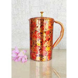 Carafe florale en cuivre avec couvercle et poignée, motif floral artisanal, vaisselle - Product Image 1