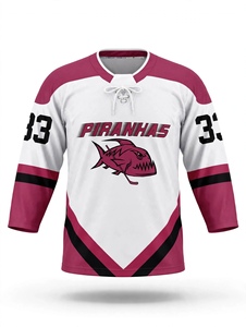 Jersey de Hockey sobre Hielo Sublimado Personalizado en Blanco y Magenta, Nombre del Equipo y Número Personalizados, Diseño Piranhas, Cuello en V, con Cordones, Transpirable y Ligero - Product Image 1