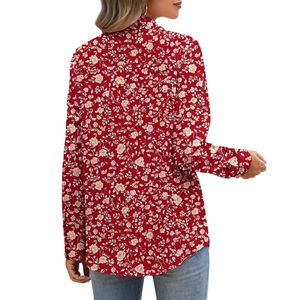Custom Women's Polyester Chiffon Red Floral Long Sleeve <b>Office</b> <b>Shirt</b> with Button Front and Feminine Print - Product Image 2