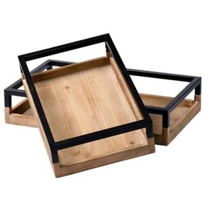 Juego de bandejas de baño estilo industrial con base de madera de mango y borde de metal, bandeja de tocador reutilizable, resistente al agua, para el hogar. - Product Image 2