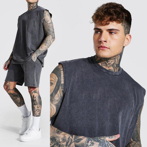 100% Cotton Loose Fit Retro Summer Casual Soft Comfortable Sleeveless Acid Washed Men's Sweat Tank Top and Sweat Short <b>Set</b> - Product Image 3