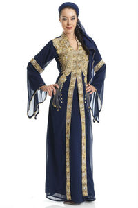 Abaya pour femme bleu marine brodée en organza de polyester, longueur ras du sol, col cœur, manches longues, style modeste du Moyen-Orient, pour mariage - Product Image 6