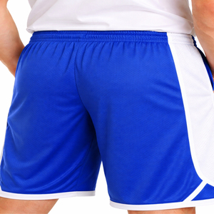 Shorts de sport pour homme, bleu et blanc, à rayures latérales, séchage rapide, taille mi-haute, cordon de serrage, longueur Bermuda, 100 % polyester, maille tricotée - Product Image 6