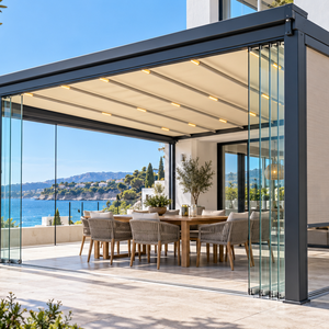 Pérgola Moderna de Tela Roja al por Mayor con Estructura de PVC Impermeable, Motorizada, con Luces LED RGB, Techo Parasol Ecológico para Exteriores y Playa - Product Image 5