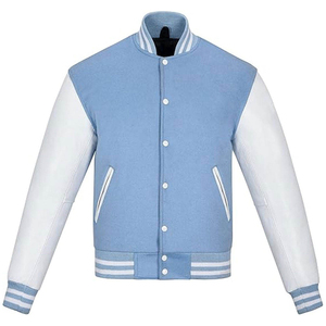 Veste universitaire pour homme, bleu clair et blanc, à blocs de couleur, boutonnée, col montant, style sportif, vêtement d'extérieur pour l'automne, veste Letterman pour homme - Product Image 4