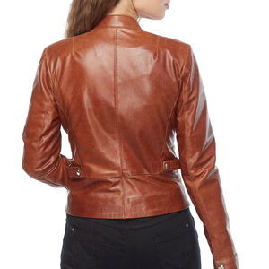 Chaqueta de Cuero Genuino para Mujer, Color Cognac, Corte Ajustado, Estilo Motociclista, Logotipo Personalizado, OEM, Ropa Exterior Informal, RAO CRAFT - Product Image 3