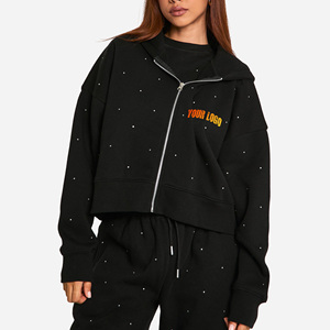 Sweat-shirt à capuche noir pour femme avec motif à pois et logo personnalisé sur le devant, vêtement décontracté d'automne, manches longues, en coton tricoté - Product Image 4