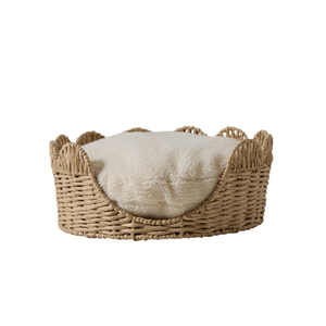 Lit pour animaux de compagnie en jacinthe d'eau de qualité supérieure, à bords festonnés, pour petits chiens et chats, tressé à la main, avec coussin, en provenance du Vietnam. - Product Image 1