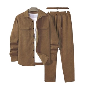 Traje informal de pana de color sólido para hombre, camisa y pantalones de manga larga, traje de invierno de secado rápido - Product Image 1
