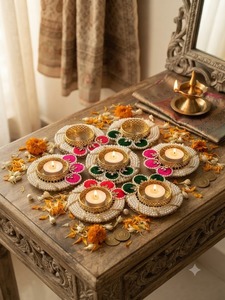 Handcrafted Durable Eco-Friendly Indian Festive Decor Metal <b>Tealight</b> <b>Candle</b> Holders Traditional Mirror Rangoli Diya Holder - Product Image 4