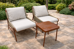 Contemporary Rattan <b>Garden</b> <b>Chair</b> Set with Beige Cushions Tapered Legs Outdoor Furniture Durable Aluminum Frame <b>Teak</b> Table - Product Image 6