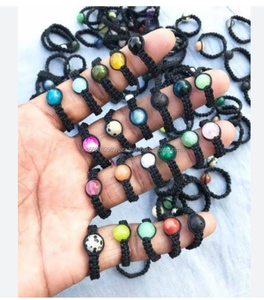 Pierre précieuse en forme de boule d'oeil de tigre de grande qualité avec petites perles en laiton bague en macramé bague réglable pour couple d'été bague et cadeau - Product Image 3