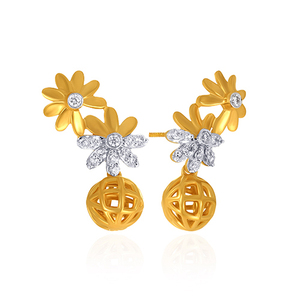 Boucles d'oreilles pendantes florales en or jaune 14 carats avec diamants de laboratoire taille brillant rond, bijoux pour femme - Product Image 2