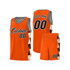 Custom Basketball Jersey Set Orange V-Neck Sleeveless Mesh Geometric Print Unisex Adult Moisture Wicking Athletic Fit - Product Image 1